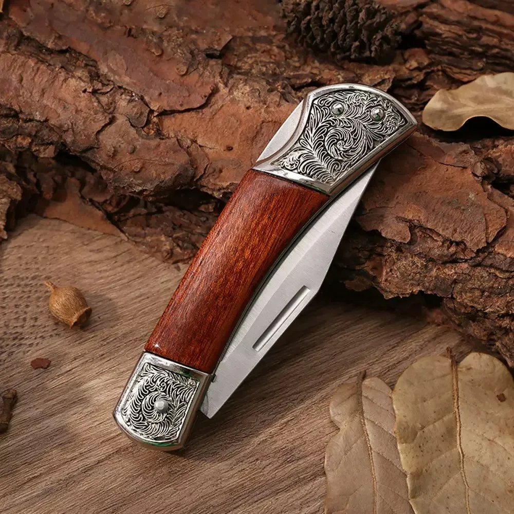 Navaja plegable acero inoxidable alta dureza mango madera para acampada - imagen 4