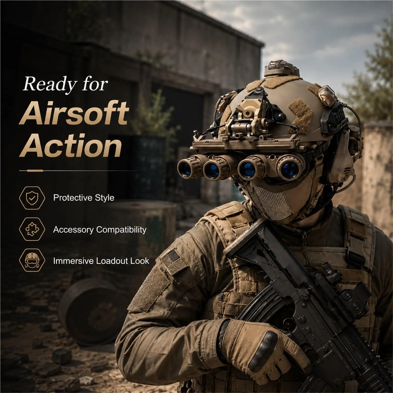 Casco táctico con NVG simuladas y comunicación para airsoft
