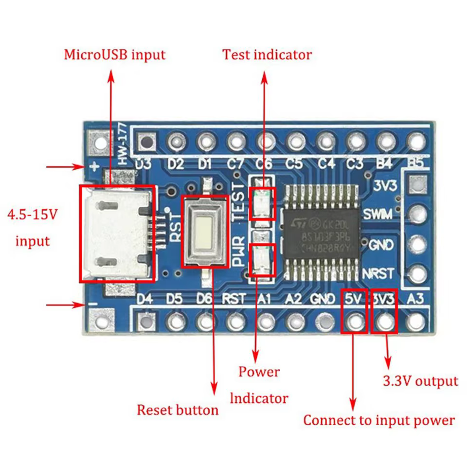 Placa de desarrollo STM8S103F3P6 - vista frontal