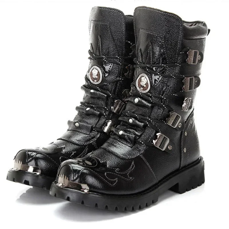 Botas invierno motociclista hombre – Cuero negro media pantorrilla tácticas