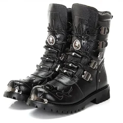 Botas invierno motociclista hombre – Cuero negro media pantorrilla tácticas