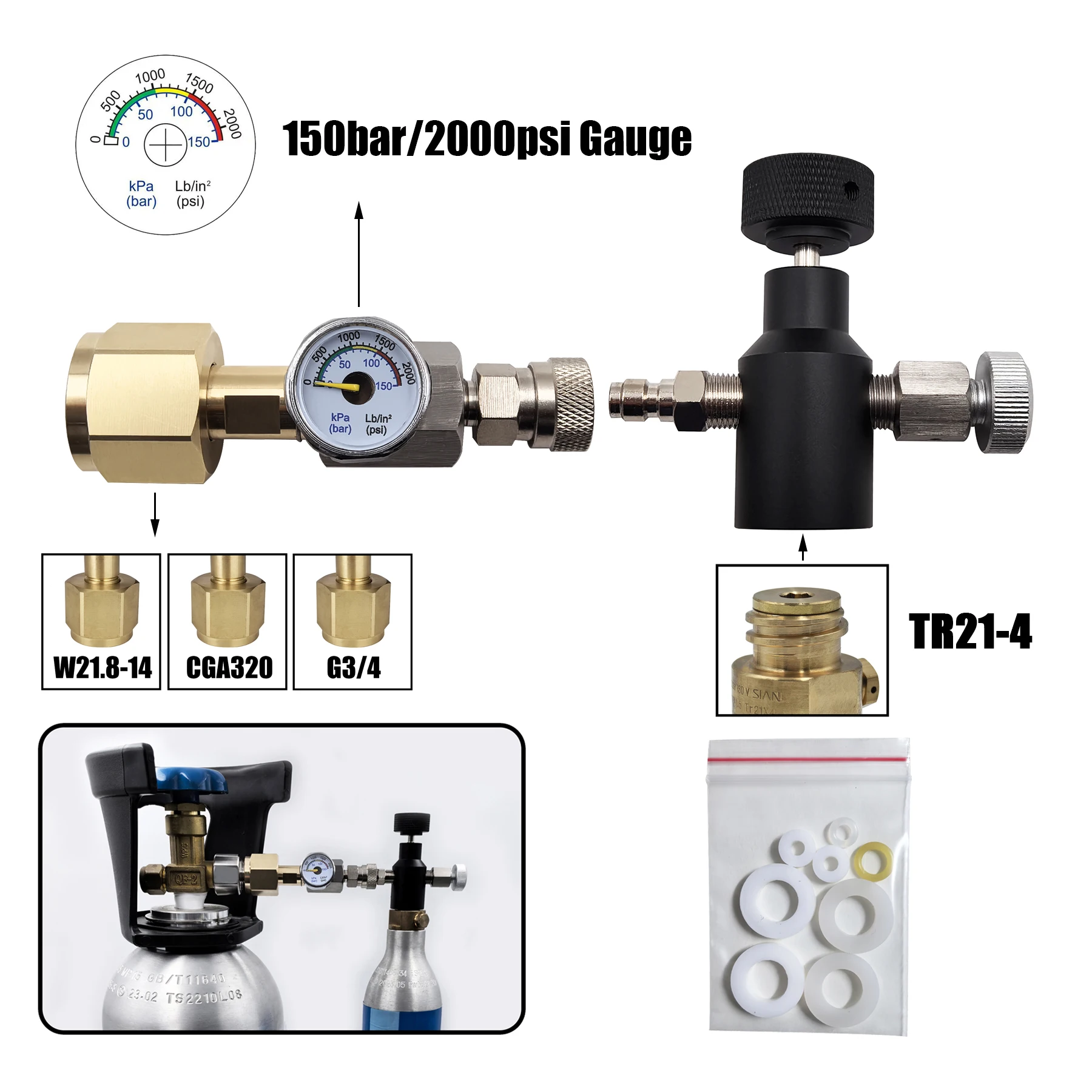 Cilindro CO2 recargable con adaptador TR21-4 y medidor presión - imagen 2