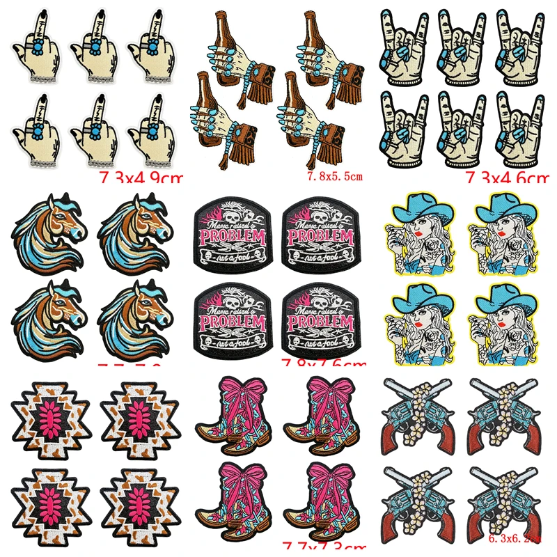Pack de 10 parches bordados de temática western con diseños de cowgirls, botas y caballos