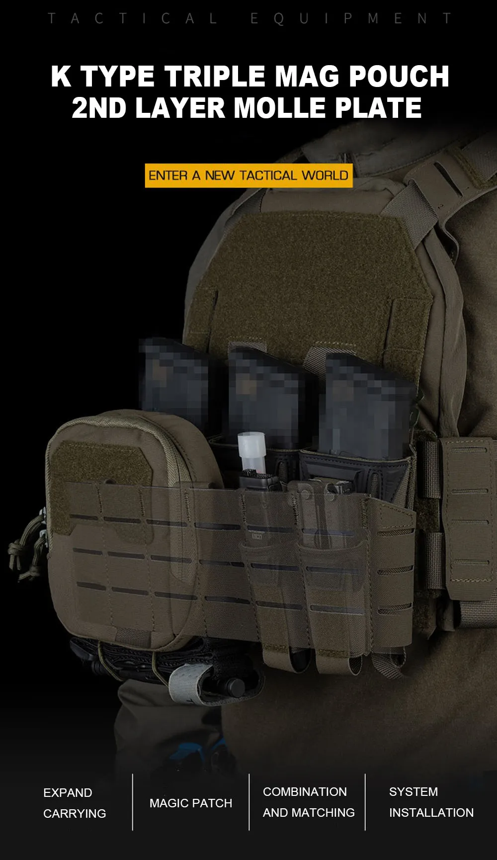 Panel de bolsa triple para cargadores tipo K y placa MOLLE