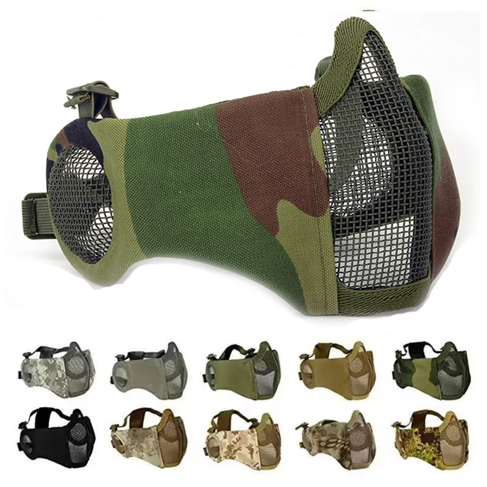 Máscara táctica airsoft media cara plegable malla acero con orejeras