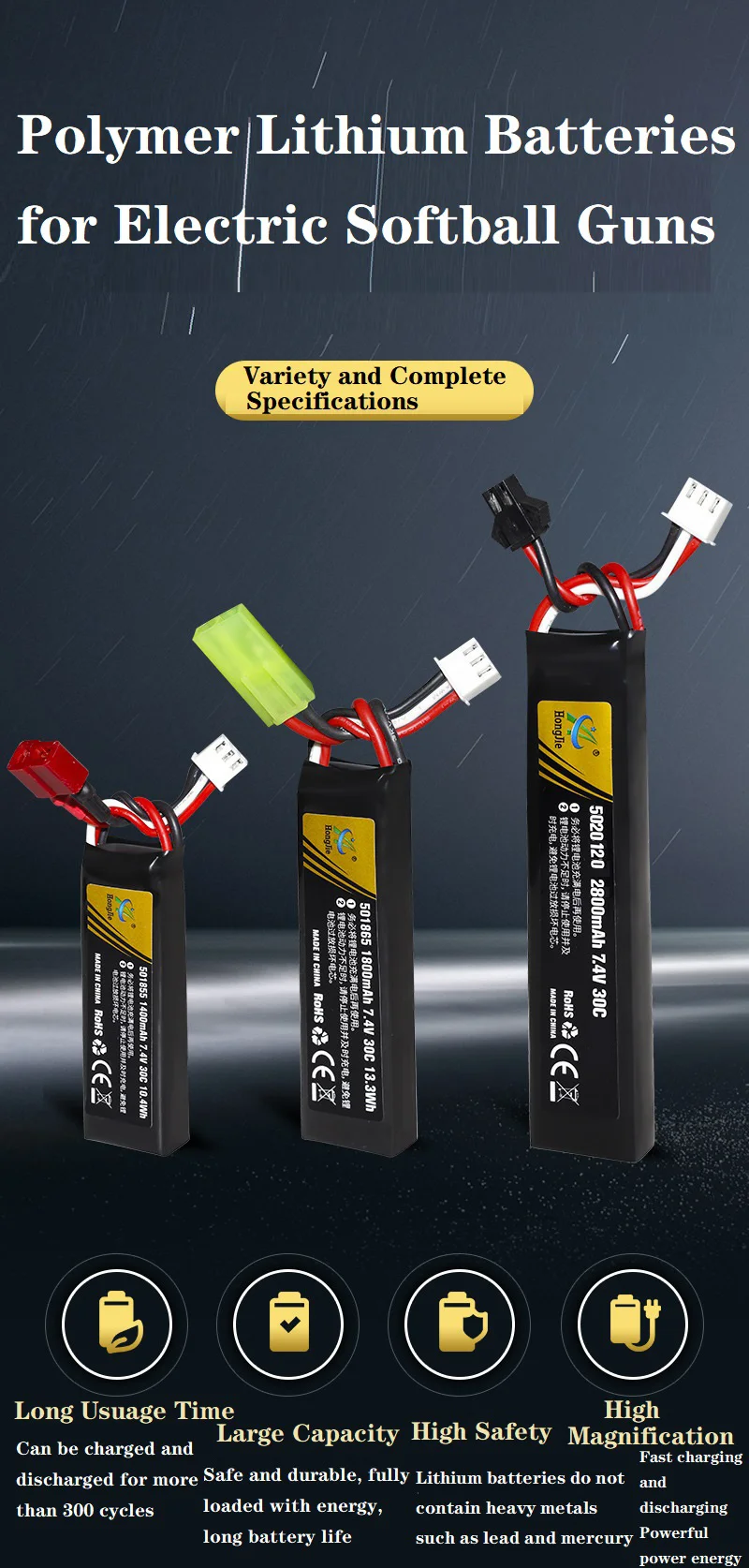Vista frontal de la batería Lipo 7,4V 2800mAh