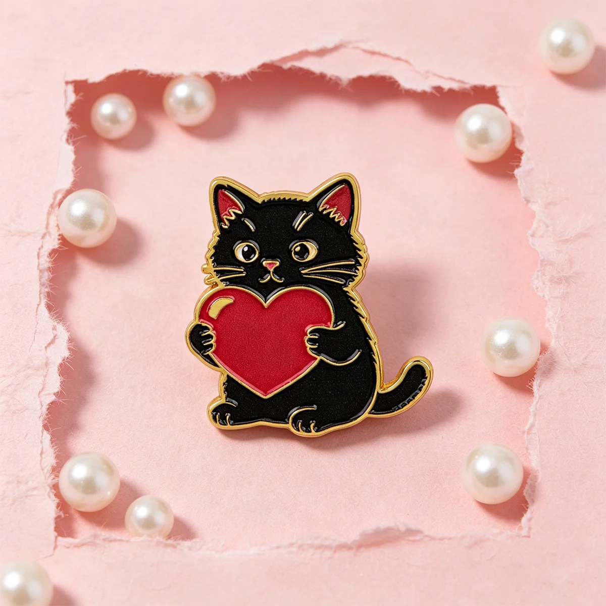 Pin metálico de esmalte gato negro con corazón rojo para mochila - imagen 5
