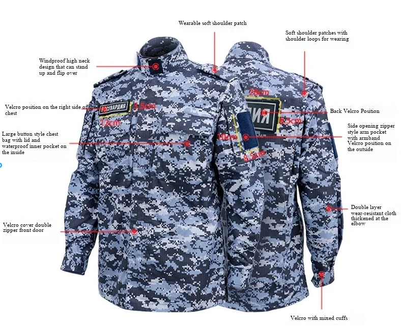 Detalle del patrón de camuflaje digital y los elementos del uniforme