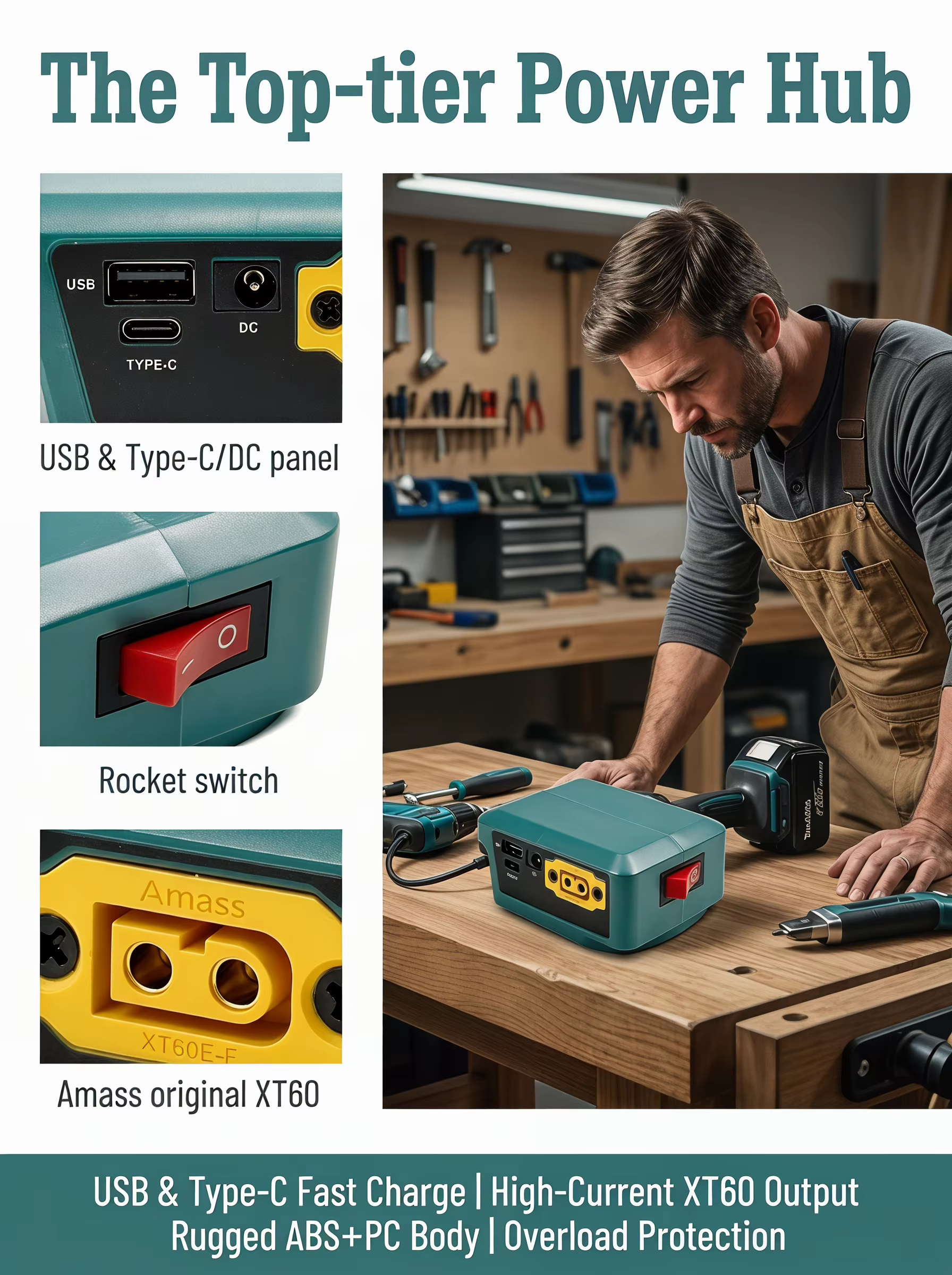 Adaptador de batería Makita Milwaukee DeWalt a USB-C con voltímetro - imagen 2