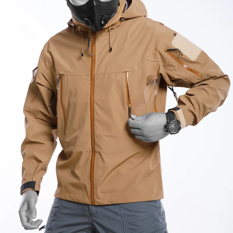 Chaqueta táctica impermeable con capucha cortavientos para senderismo
