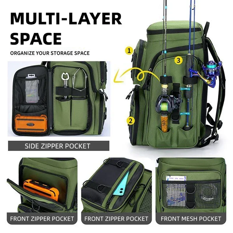 Mochila equipada con cañas y aparejos lista para usar