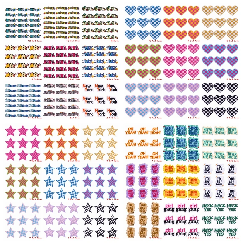 Lote de 10 parches bordados con letras, corazones y estrellas sobre fondo blanco
