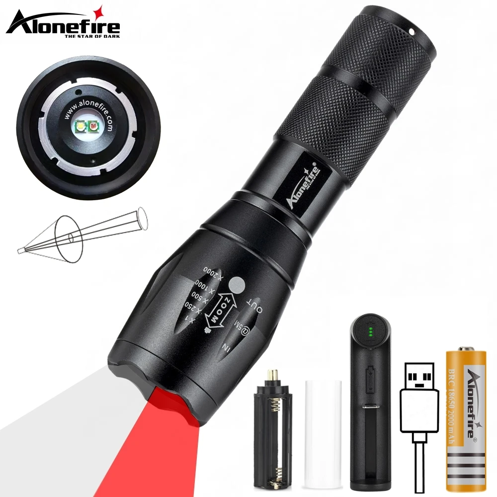 Linterna LED táctica con Zoom, luz blanca y roja para caza