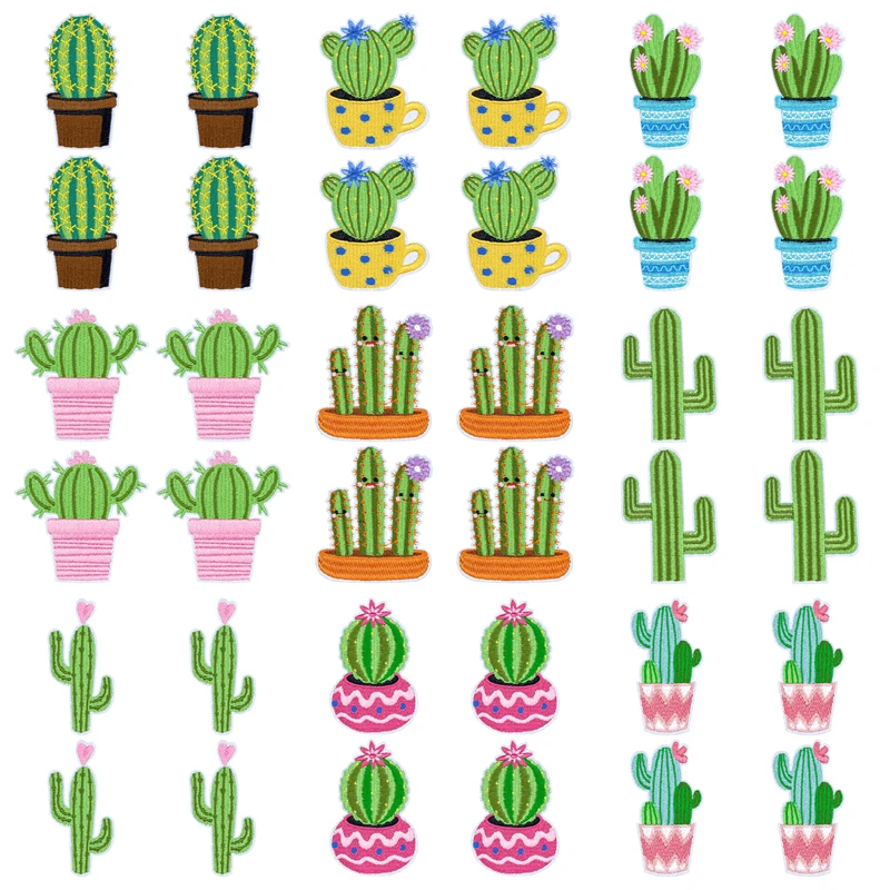 Parche bordado de cactus en maceta con efecto termoadhesivo