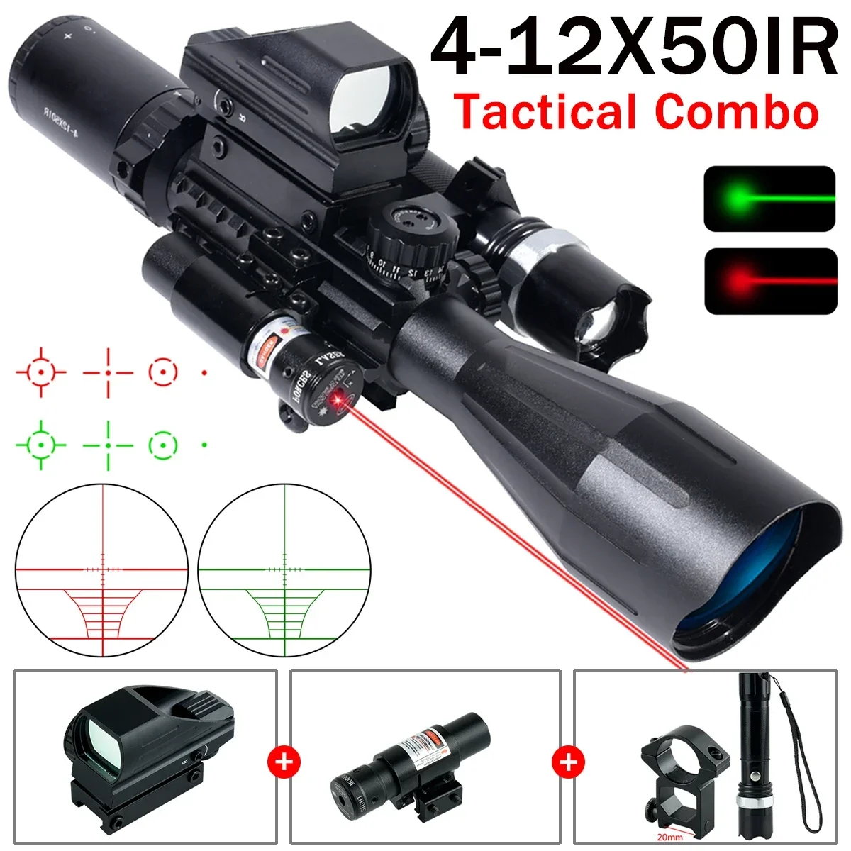 Mira telescópica táctica para airsoft con láser, punto rojo y miras - imagen 2