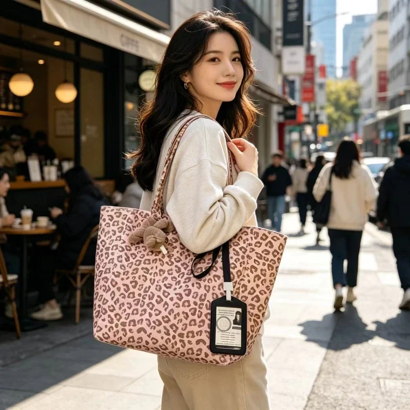 Bolso de hombro lona leopardo rosa gran capacidad versátil