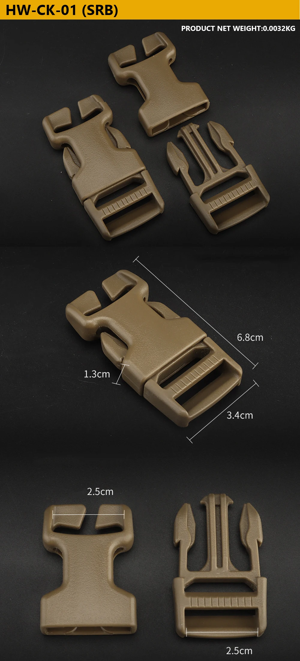 Hebilla táctica vista frontal con detalle del mecanismo de liberación