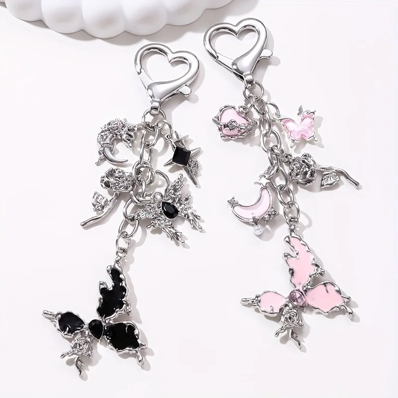 Llavero Y2K mariposa rosa luna – Colgante gótico metal plata para bolso - imagen 3