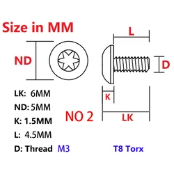 Tornillos Titanio T8 Torx M3 para Mangos Cuchillo Plegable