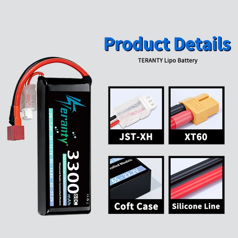 TERANTY Baterías LiPo 2S 3300mAh 60-80C con XT60 para RC - imagen 2