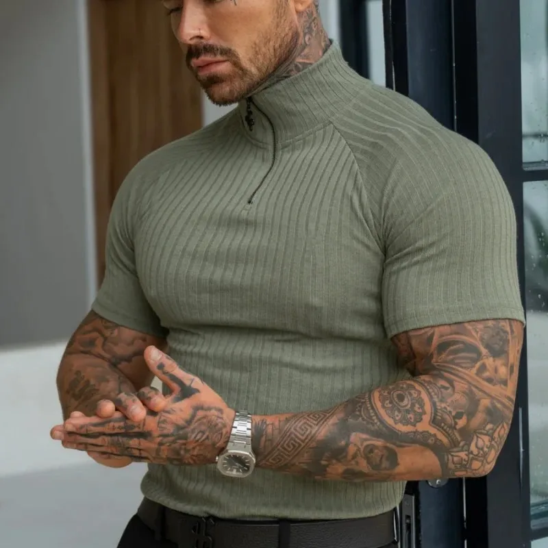 Camiseta táctica hombre cremallera cuello alto solapa rayas multicolor - imagen 5