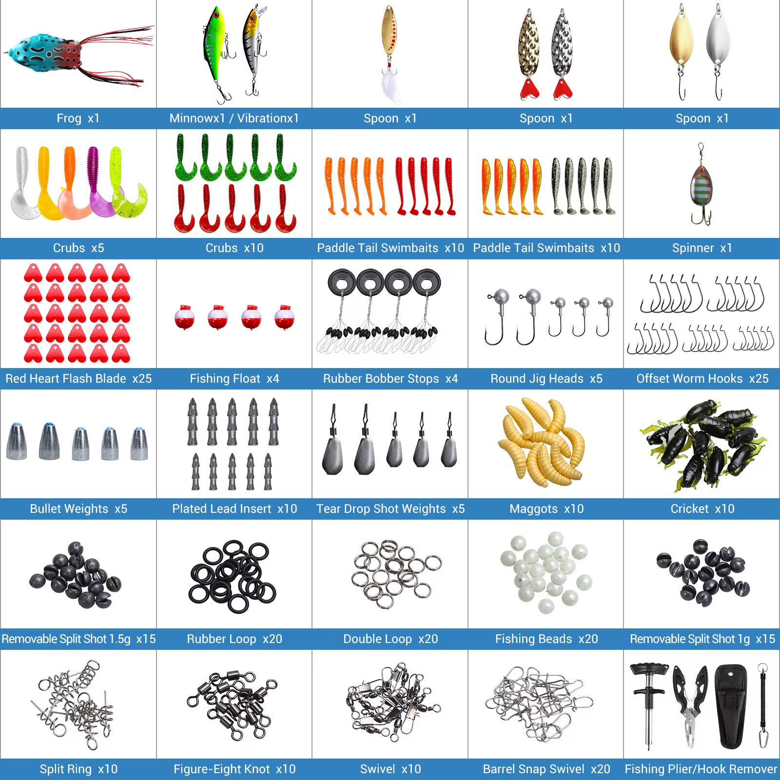 Kit de pesca completo con caja apilable, señuelos y plomos