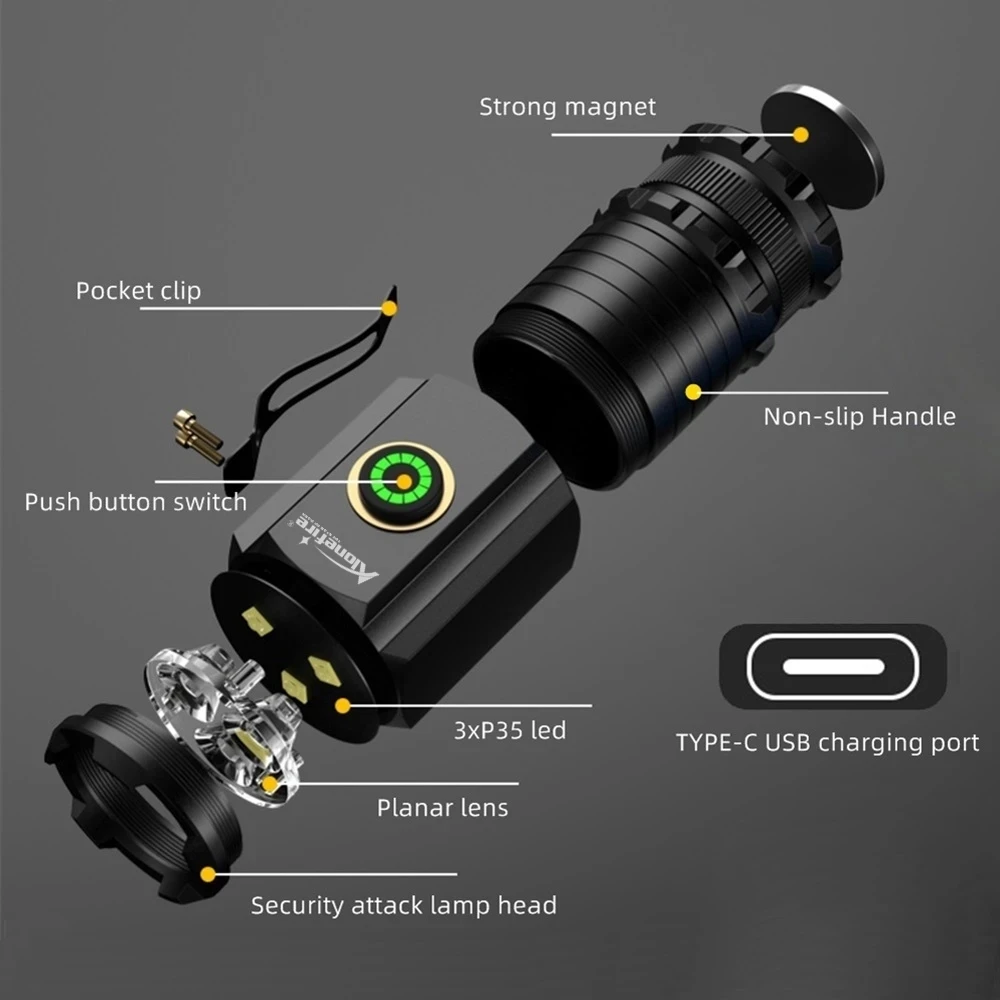 Linterna LED táctica USB recargable 3xP35 potencia exteriores pesca - imagen 4