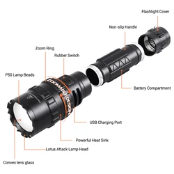 Linterna táctica recargable 2000 lúmenes zoomable con clip para airsoft