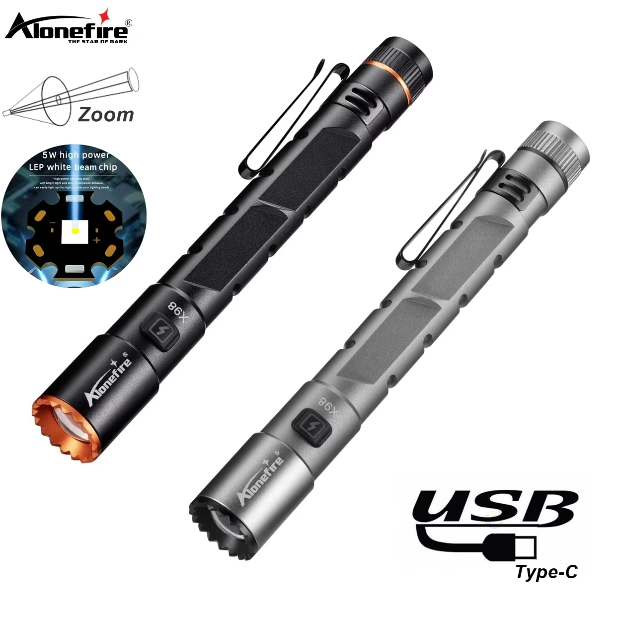 Alonefire Zoom Mini EDC linterna pluma recargable USB imán senderismo