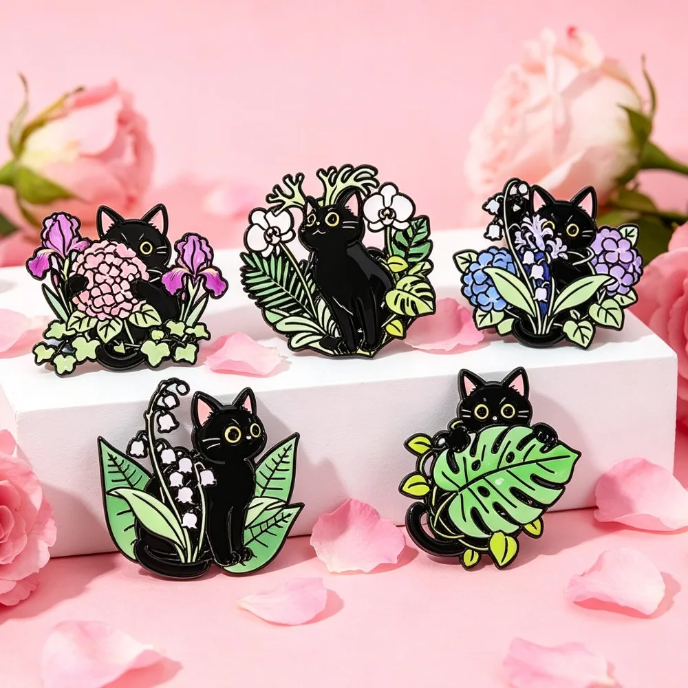 Broches esmaltados gato negro y flores – pines solapa mochila - imagen 4