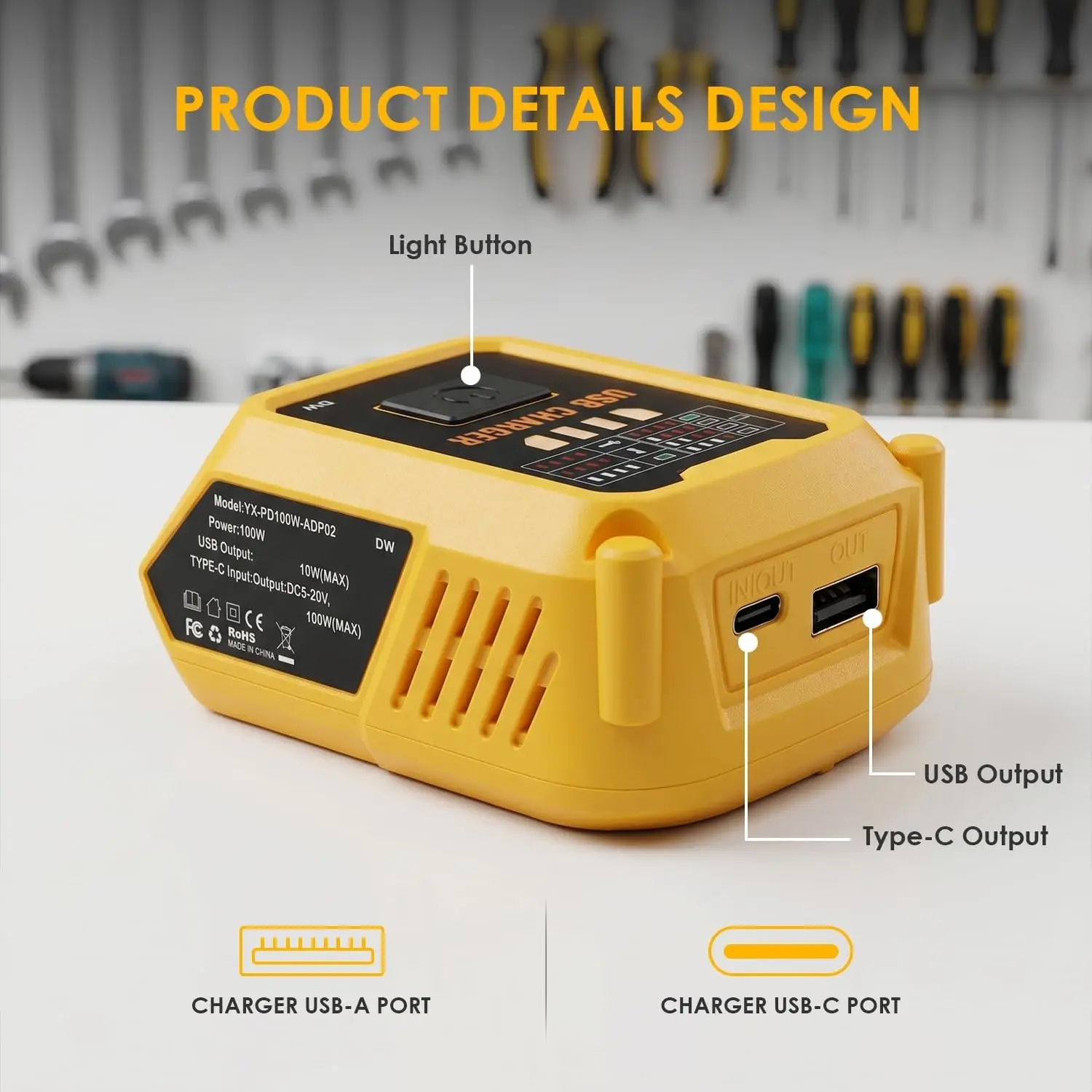 Cargador USB-C 2 en 1 de 100 W para baterías DeWalt 20V MAX - imagen 3