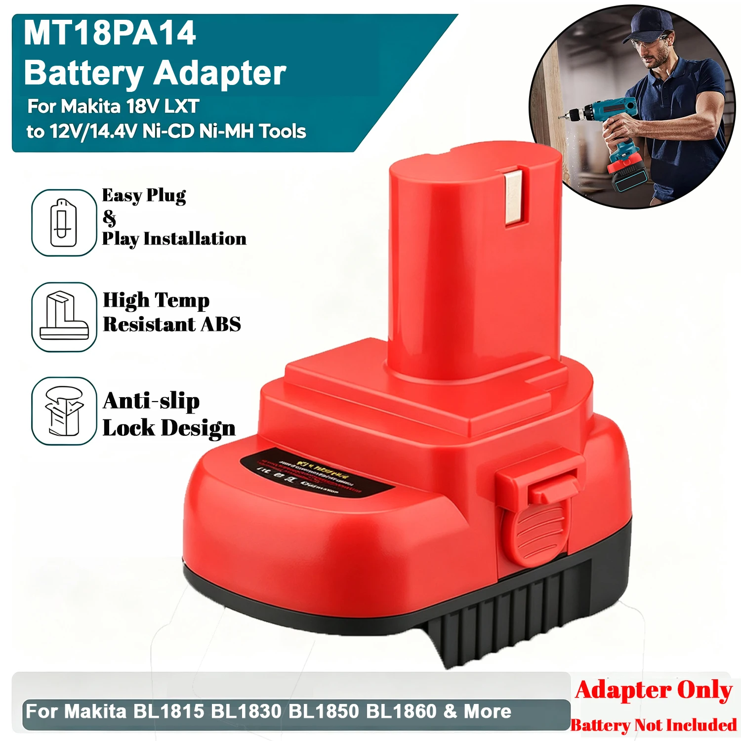 Adaptador batería Makita MT18PA14 – Convertidor 18V LXT a 12V/14,4V herramientas - imagen 5