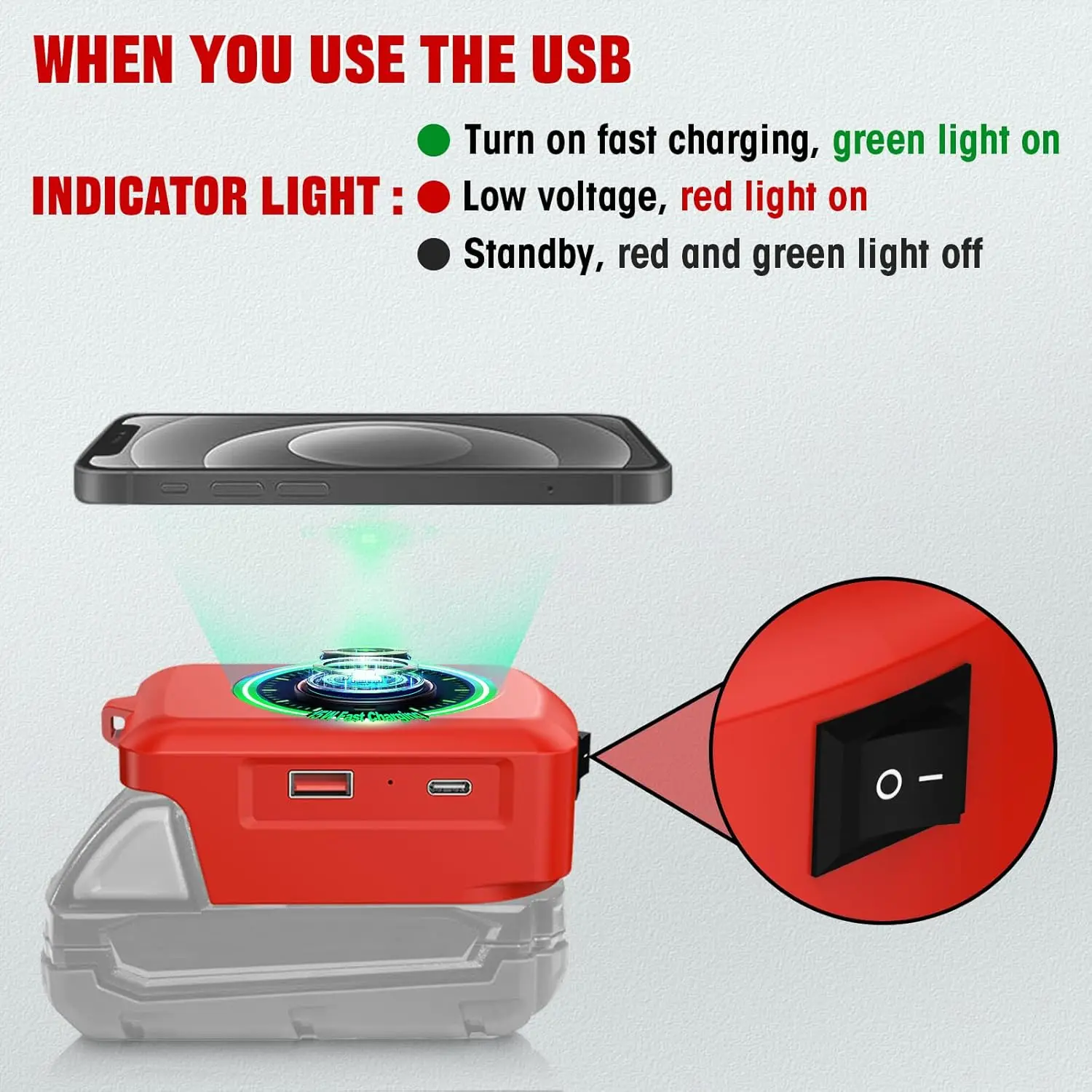 Adaptador carga inalámbrica Makita DeWalt Milwaukee 18V USB-C rápido - imagen 5