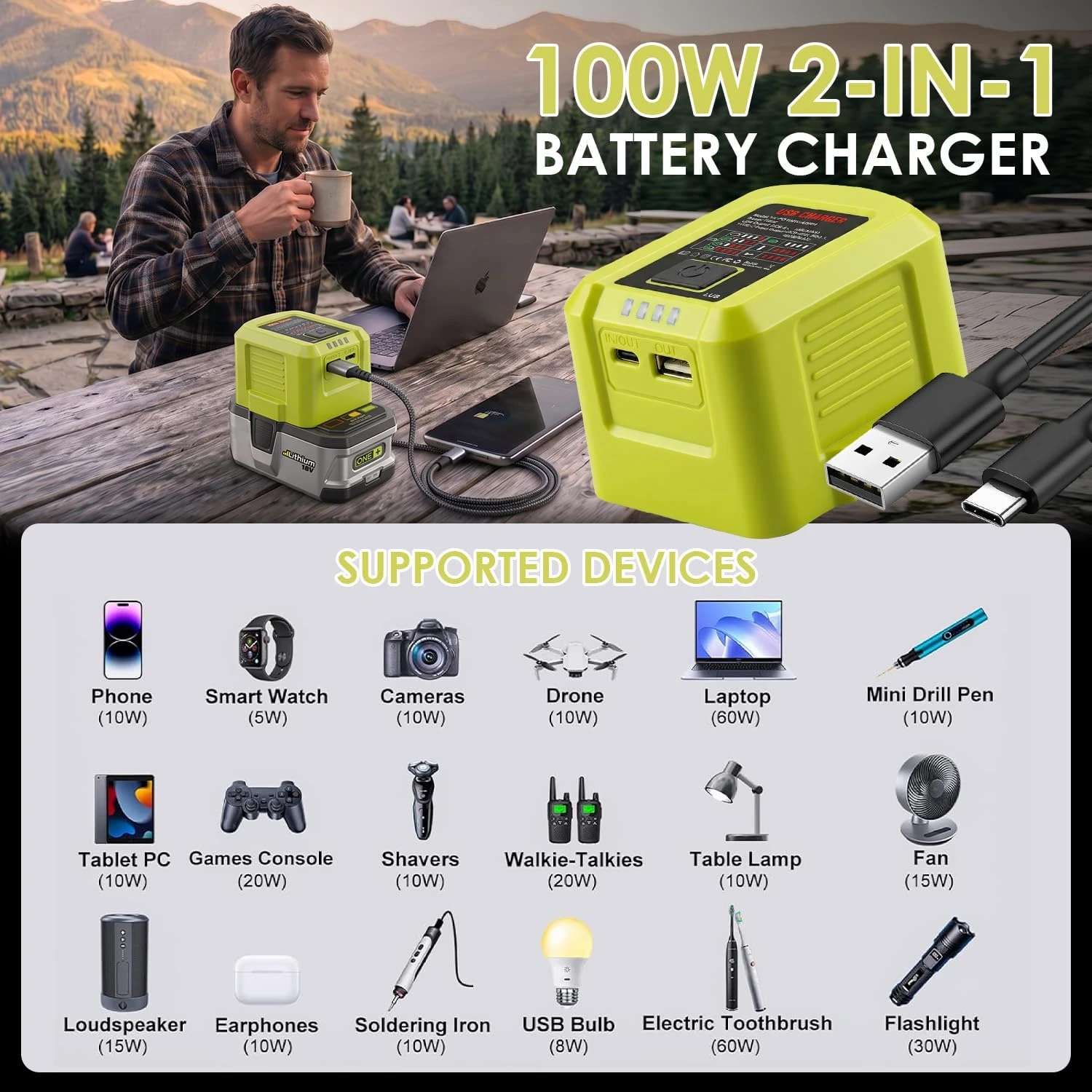Cargador USB de 100 W para baterías 18/20 V multimarca - imagen 4