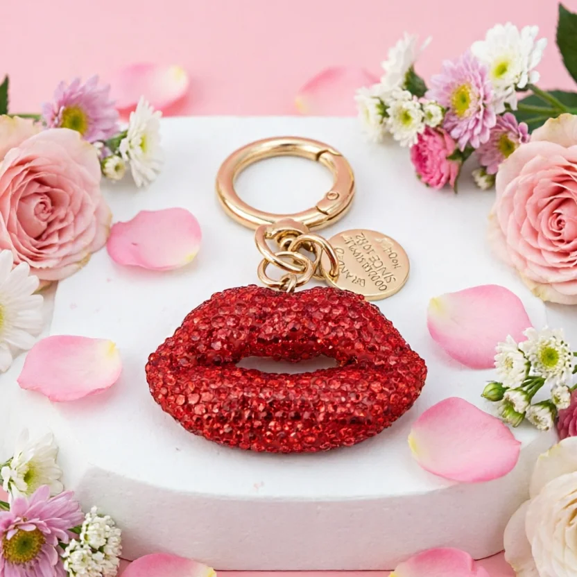 Llavero labios diamantes imitación rojo oro – Colgante bolso mujer - imagen 2