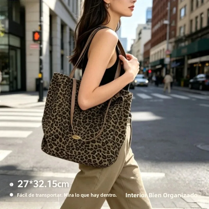 Bolso de hombro lona leopardo, gran capacidad, informal - imagen 3