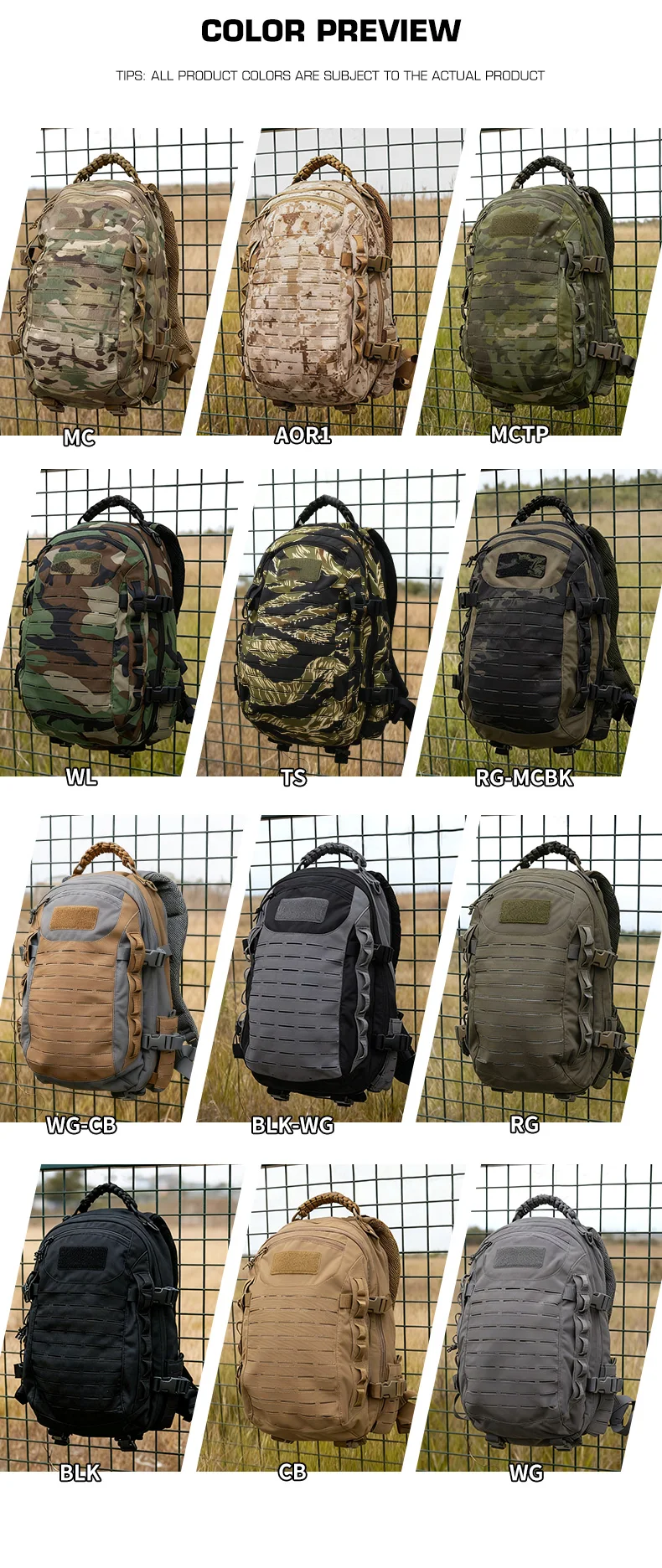 Vista de la mochila táctica en diferentes estilos