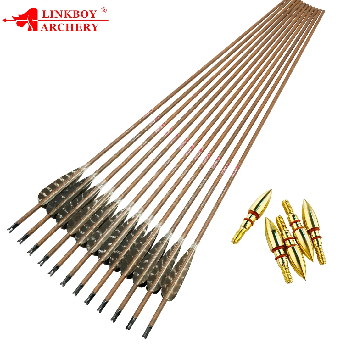 Pack de 6 flechas Linkboy con acabado piel de madera y plumas de pavo