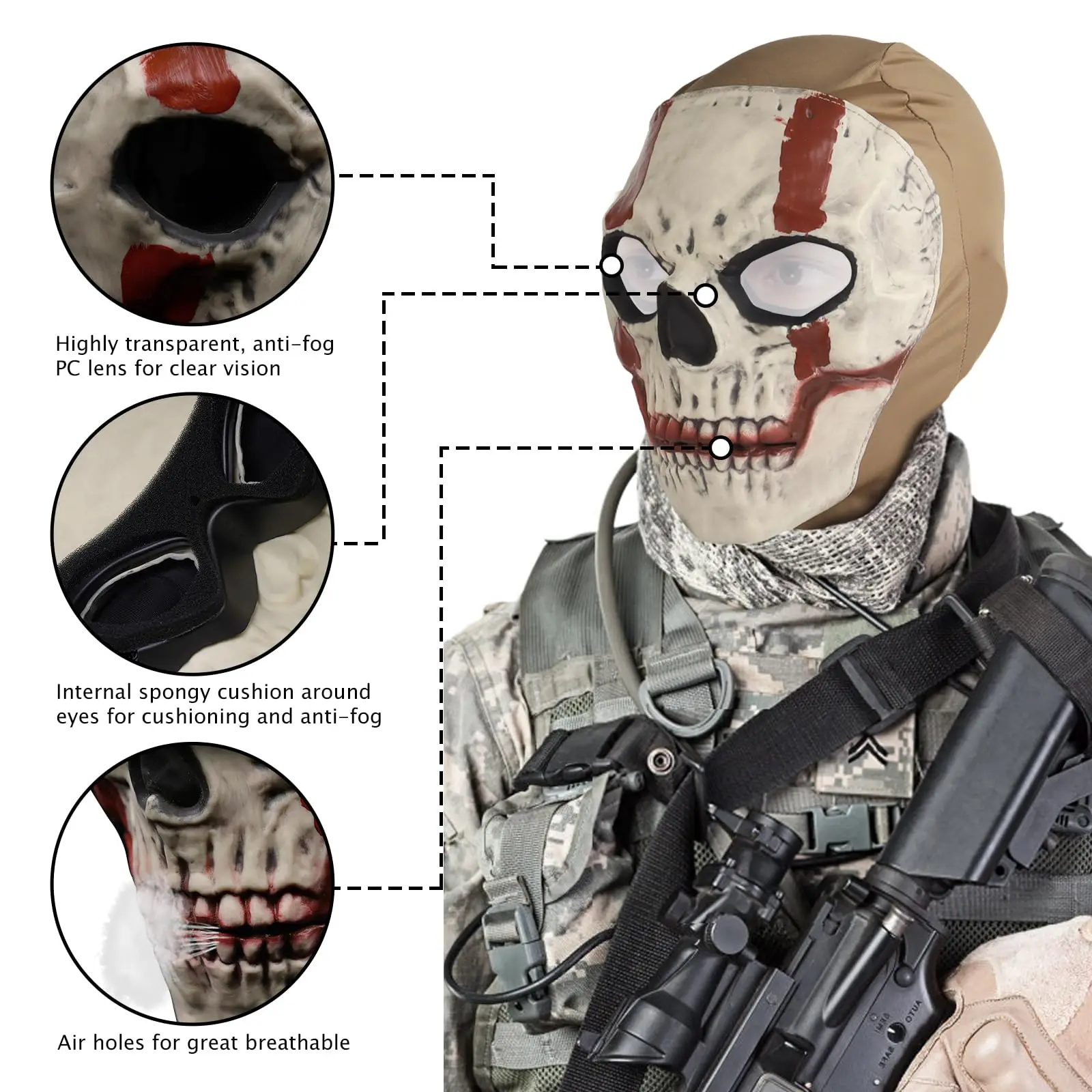 Máscara táctica Airsoft balaclava facial con lente calavera fantasma - imagen 3