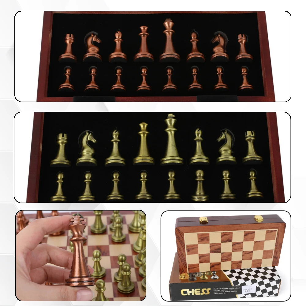 Juego de ajedrez de madera plegable retro con piezas metálicas - imagen 2
