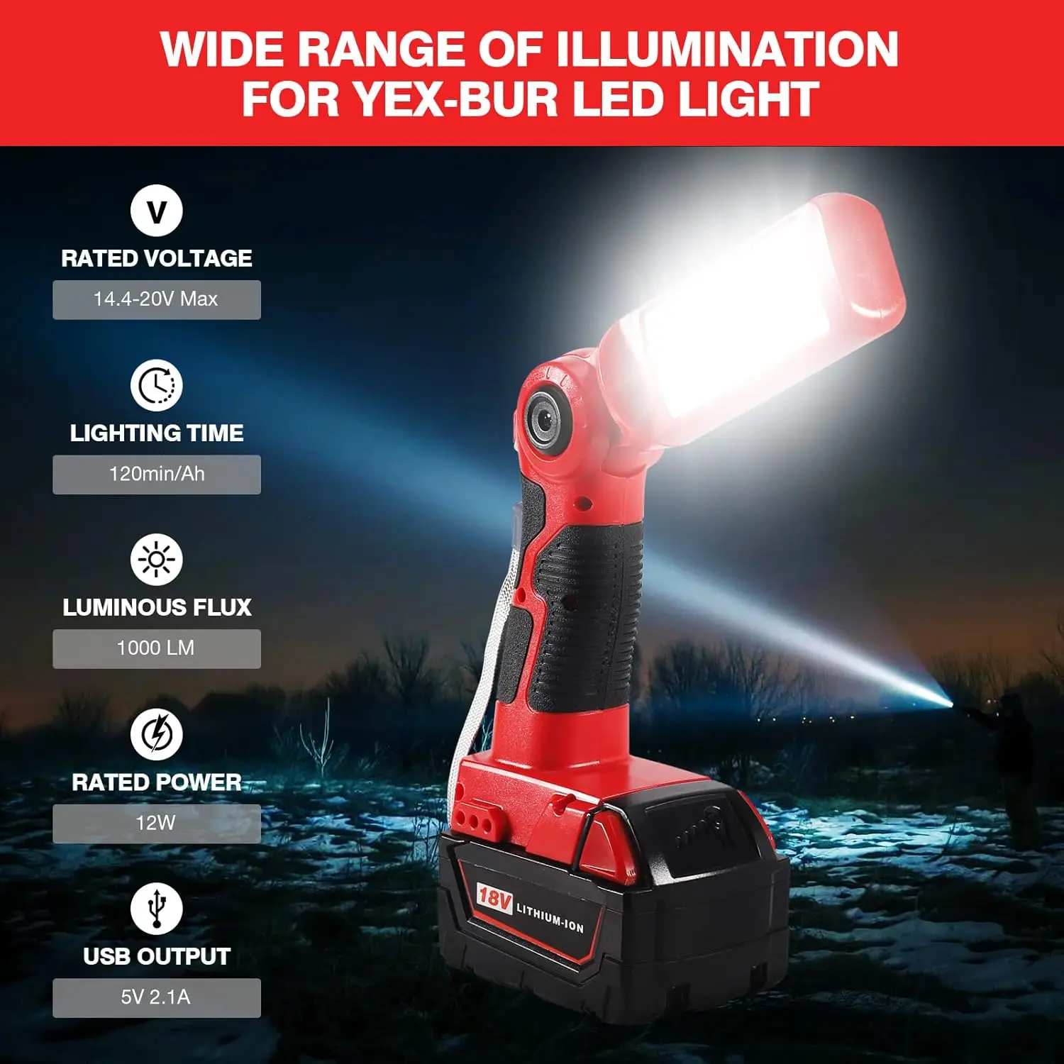 Lámpara de trabajo LED con cabezal giratorio para baterías recargables - imagen 3