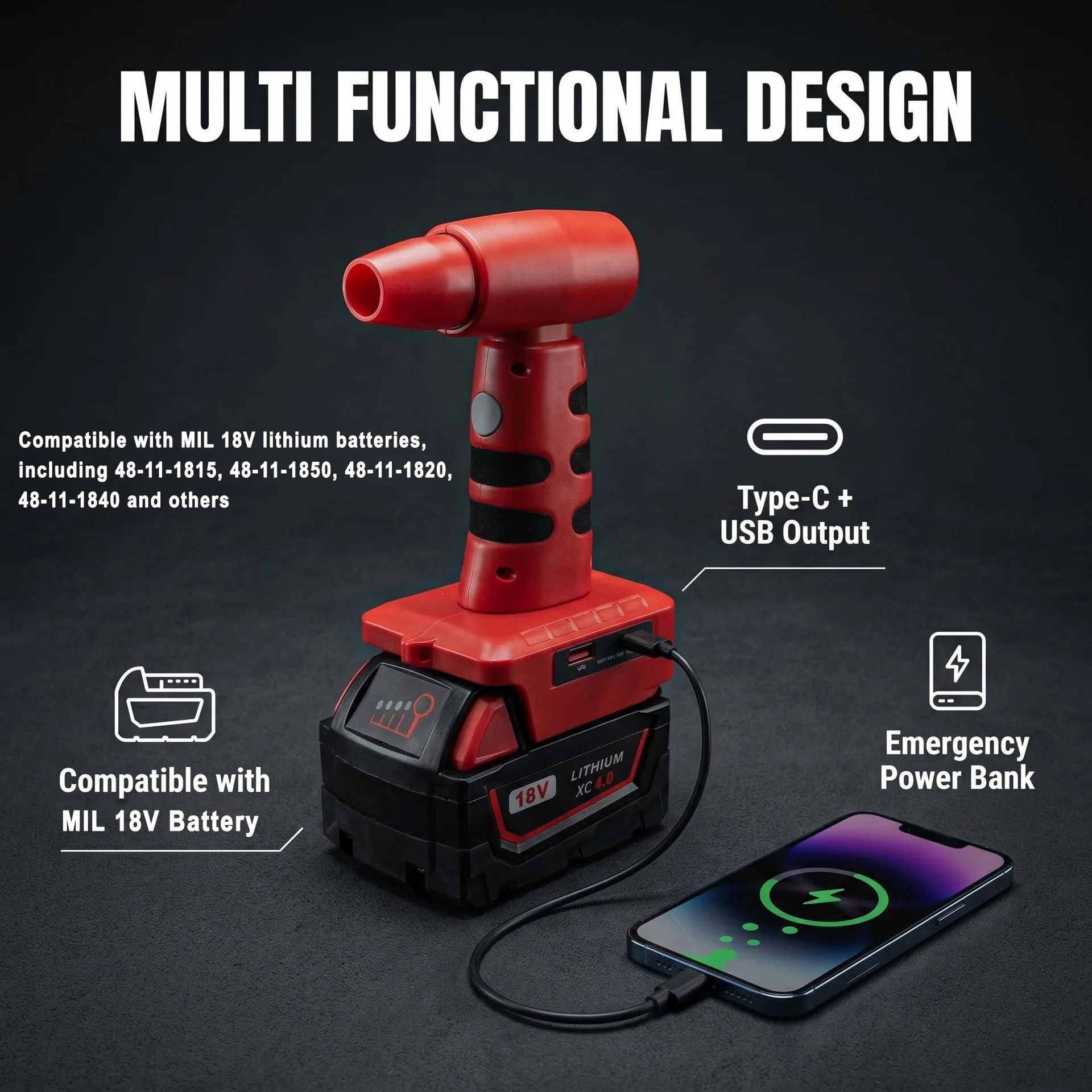 Ventilador portátil para exteriores DeWalt/Makita/Milwaukee con USB - imagen 4