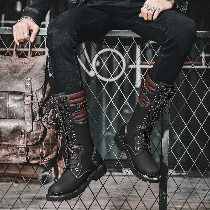Botas militaires invierno cuero negro cordones – Hombre estilo motorista - imagen 4