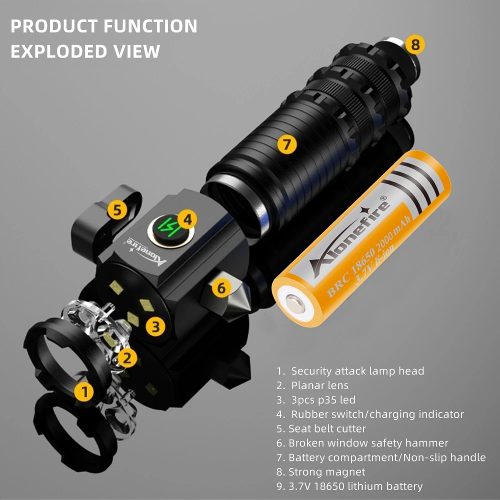 Linterna táctica LED 18650 USB recargable con imán - imagen 5