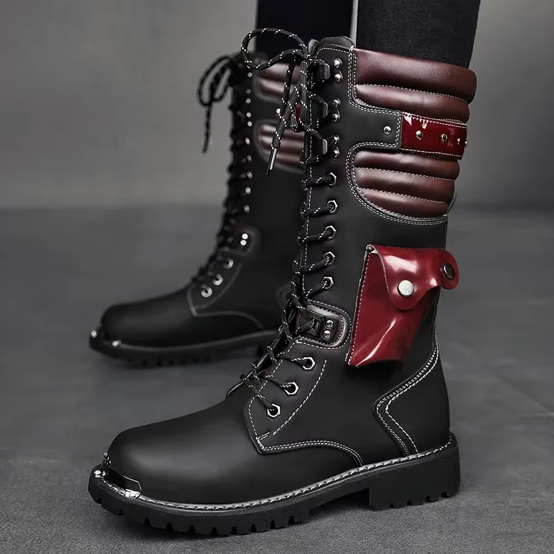 Botas militaires invierno cuero negro cordones – Hombre estilo motorista - imagen 3