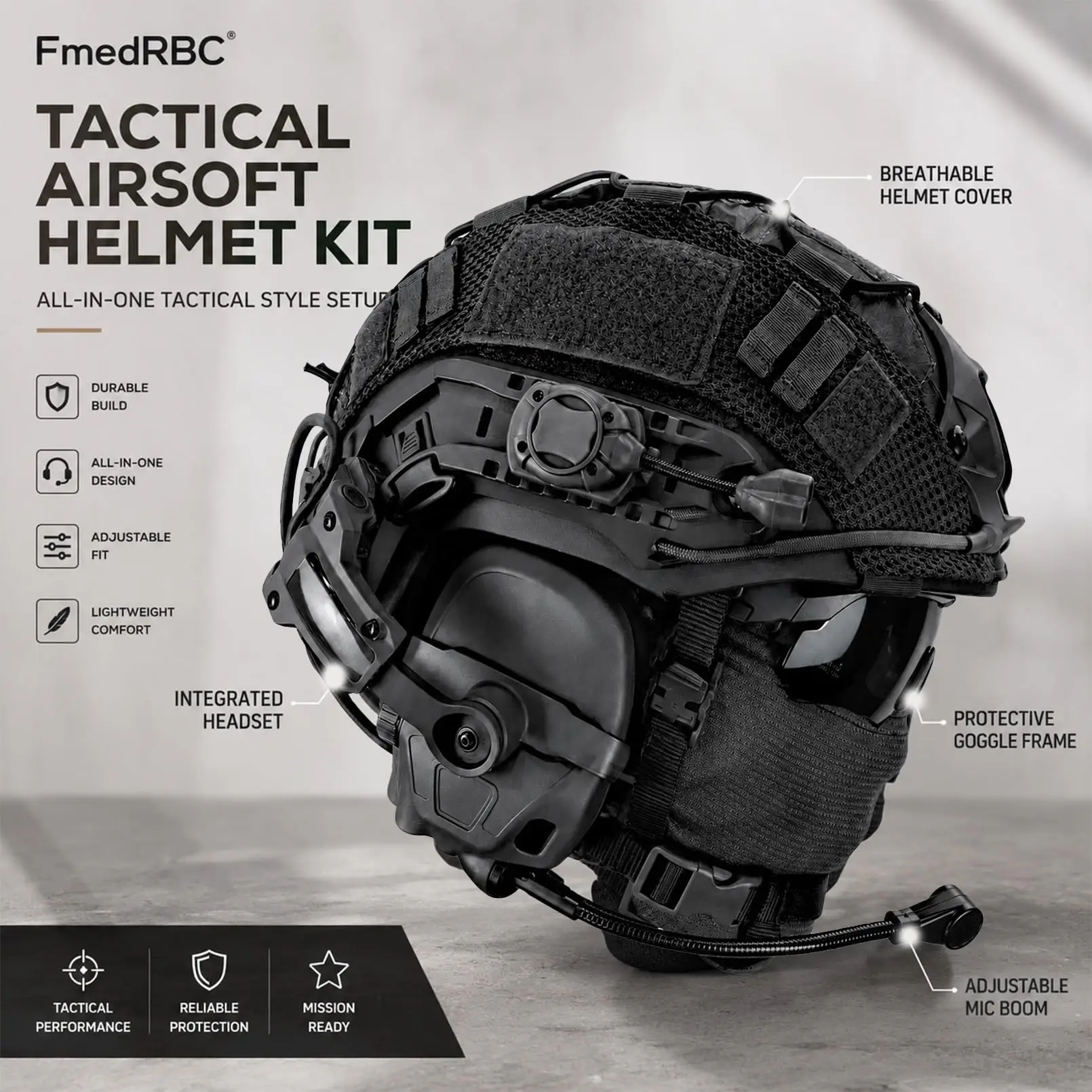 Casco táctico FAST ajustable para airsoft con máscara y luz - imagen 2