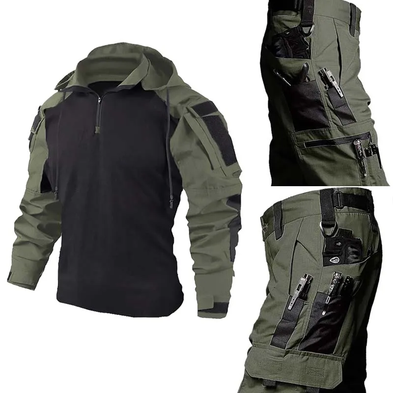 Camisa táctica con capucha camuflaje y pantalón cargo resistente