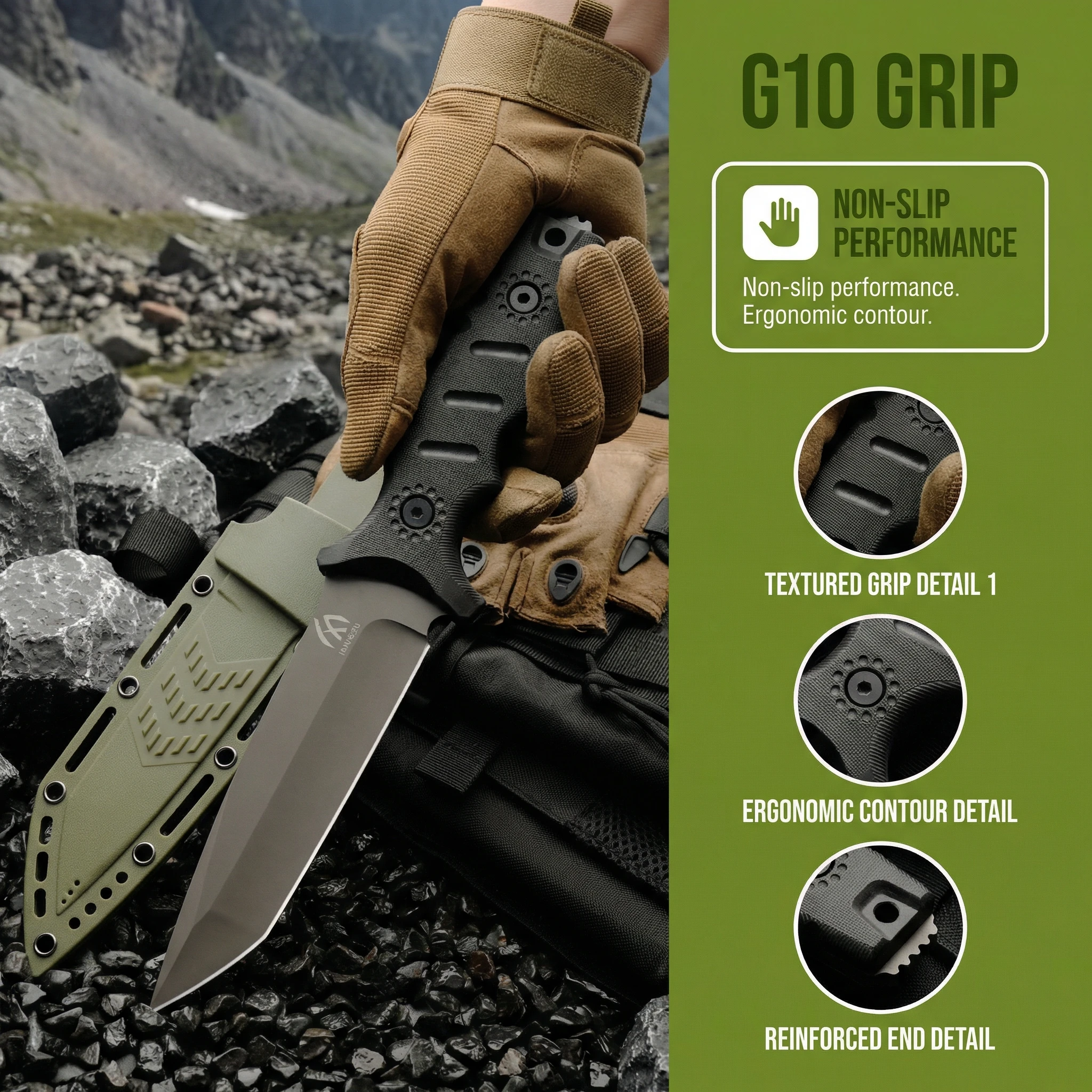 Cuchillo hoja fija táctico G10 con funda resistente para exterior - imagen 3