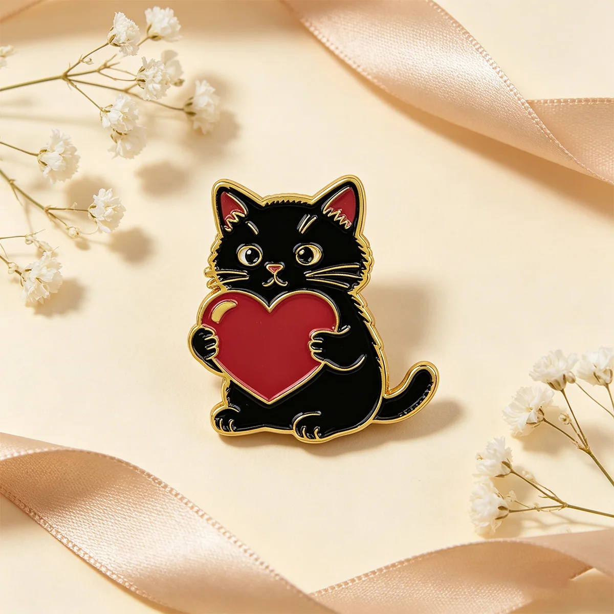 Pin metálico de esmalte gato negro con corazón rojo para mochila - imagen 2