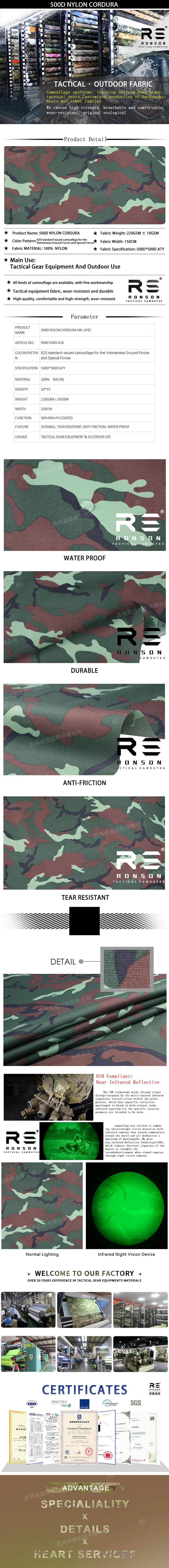 Tela táctica camuflaje K20 con acabado tipo Cordura y recubrimiento PU
